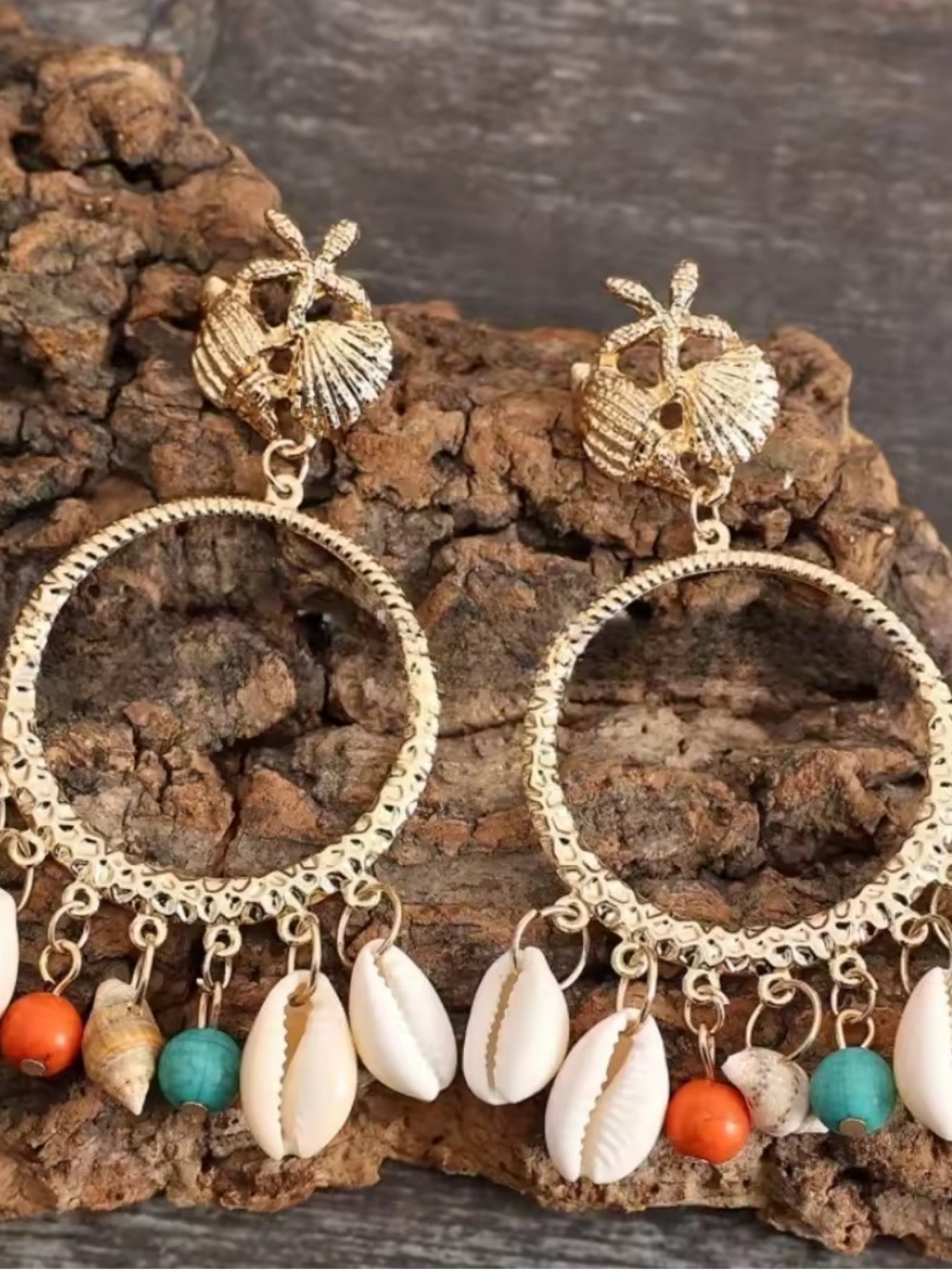 Gold Shell Hoop Earrings with White Cowrie and Turquoise Accents